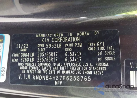 2023 Kia Carnival Mpv Lx Seat Package из США, поврежденный, VIN KNDNB4H37P6253765